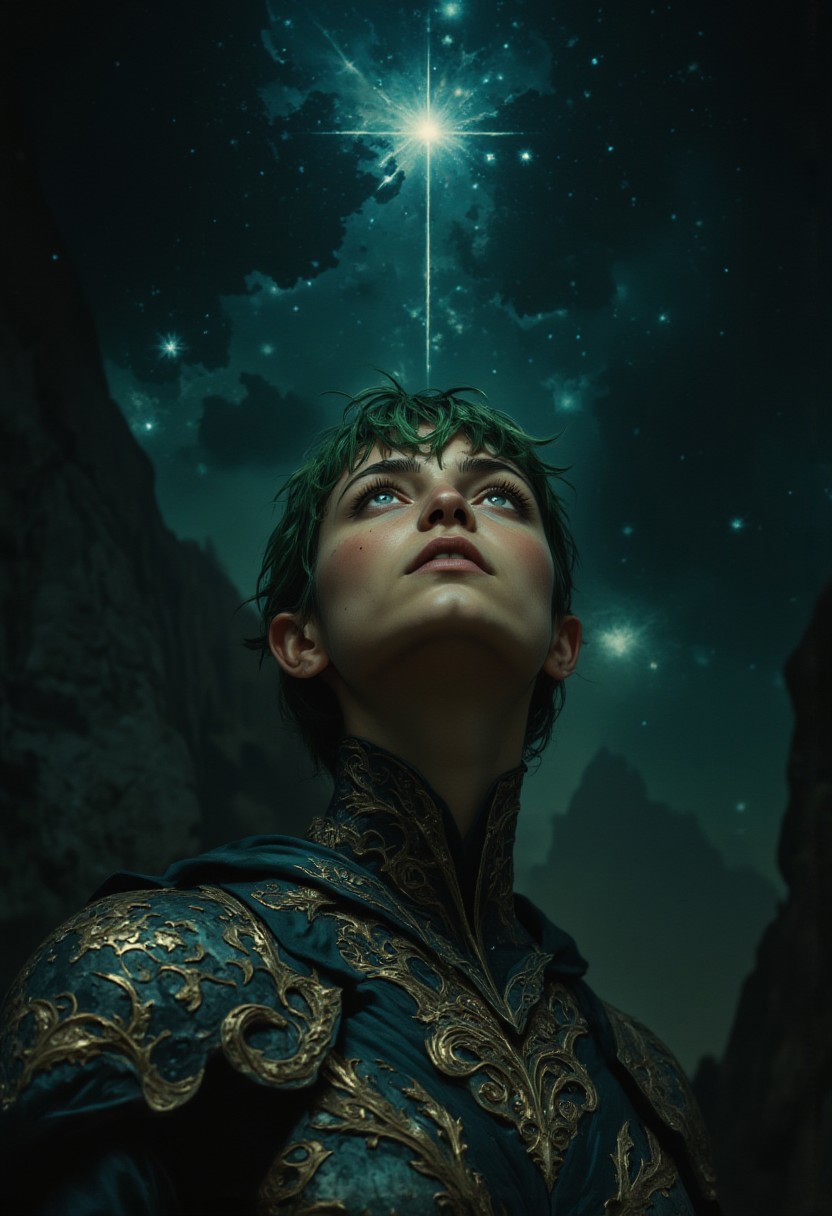4qu4, stunning green-haired elf female bronze age warrior looking intently up at stars wearing bronze armor, closeup, night sky background full of stars. She sees a dark portent of the future in the stars. High Detail, Perfect Composition, in shadow with shafts of light, high contrast, silhouetted, chiascuro, MurphFSF