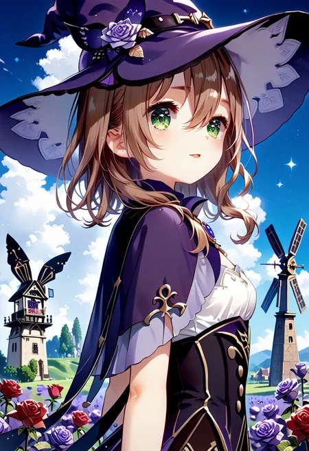score_9, score_8_up, score_7_up, 1girl, YukiuCP, masterpiece, best quality, ultra high res, smiling, happy, (detailed eyes:1.2), a beautiful girl, perfect face, arms at sides, masterpiece, ultra high res, high quality, 4k, upper body:1.5, lisa (genshin impact), urple witch hat, green eyes, brown hair, (PureErosFace_V1:0.008), (european:1.6), bangs, dress, rose, jewelry, witch, capelet, purple headwear, black gloves, purple flower, hair between eyes, purple rose, parted lips, purple capelet, hat flower, multicolored dress, hair ornament, windmill, from side,