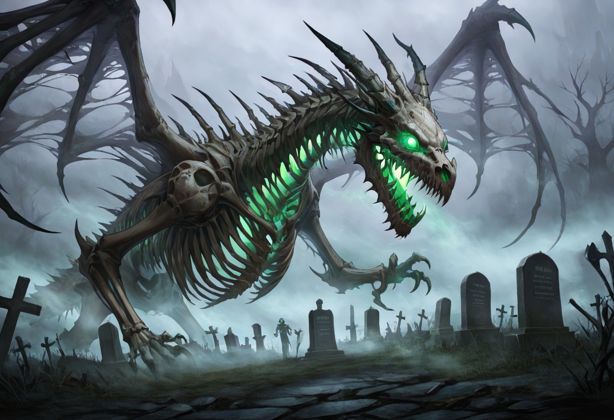 masterpiece, best quality, newest, absurdres, highres, DRALV1.0, undead dragon, undead, skeleton, bones, glowing, green eyes, glowing eyes, graveyard, grave, fog, horror (theme),