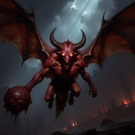 first person pov, 3D01S, simple background atmospheric and powerful dark fantasy, natural organic and first person pov of a
A small menacing imp looking red-skinned fire gargoyle, blending the features of a bat and a demon. Its short body is covered in rough, crimson hide, with massive leathery wings stretching from its back, ready to launch into the air. Its glowing, fiery eyes pierce the darkness, while sharp horns protrude from its head. The creature's hands, tipped with razor-like claws, clutch a ball of bloody meat, ready to hurl at its prey. Its stance is hunched, exuding an aura of fear. Its long, sharp fangs glisten. It hovers just above the ground, prepared to unleash fiery devastation from the skies. The creature embodies the brutal, animalistic enforcer of the infernal realm.
UHD letterboxed game trailer frame chromatic aberration dark atmosphere sharp masterpiece with a focus on the character, elden ring style, dark atmosphere, chromatic aberration