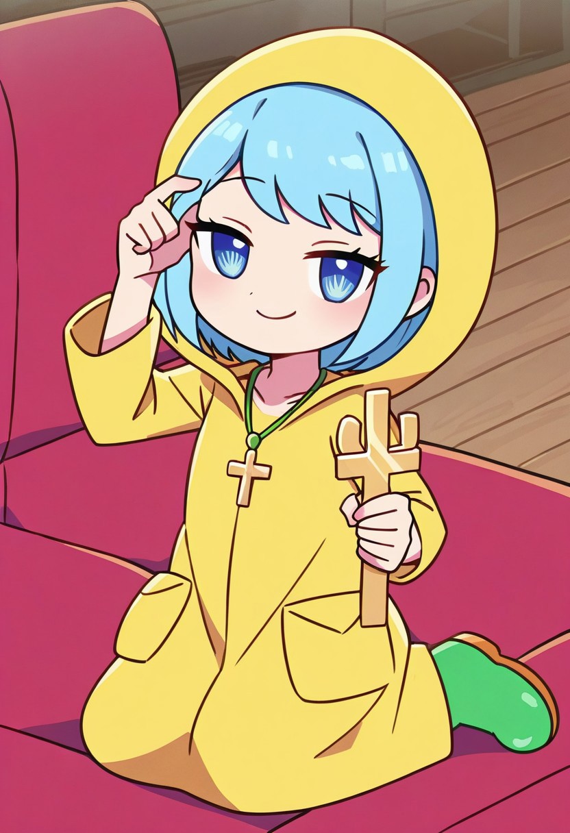 score_9, score_8_up, score_7_up, BREAK
highres, highly detailed, high resolution, high quality, 
source_anime, anime screencap, saturation, vivid colors, 
1girl, solo, luce, full body,
light blue hair, big dark blue eyes, short hair, cute,
(long yellow raincoat:1.1), green rubber boots, 
cross necklace,
squinting eyes, half-closed eyes, smile, naughty face, closed mouth, looking at viewer,
a girl holding a crucifix in her one hand, on knees, kneeling, sitting, holding, holding cross, offers cross,
pikaole, cute, bokeh,
room background, wooden chest, 
(side view:0.5), (high angle:0.7),