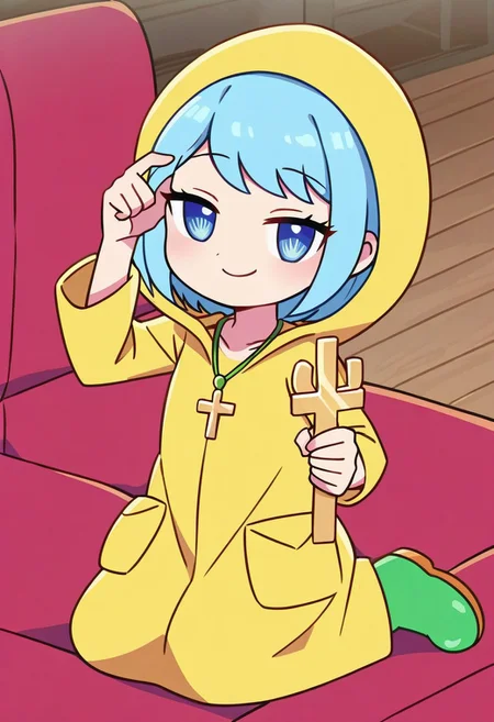 score_9, score_8_up, score_7_up, BREAK
highres, highly detailed, high resolution, high quality, 
source_anime, anime screencap, saturation, vivid colors, 
1girl, solo, luce, full body,
light blue hair, big dark blue eyes, short hair, cute,
(long yellow raincoat:1.1), green rubber boots, 
cross necklace,
squinting eyes, half-closed eyes, smile, naughty face, closed mouth, looking at viewer,
a girl holding a crucifix in her one hand, on knees, kneeling, sitting, holding, holding cross, offers cross,
pikaole, cute, bokeh,
room background, wooden chest, 
(side view:0.5), (high angle:0.7),