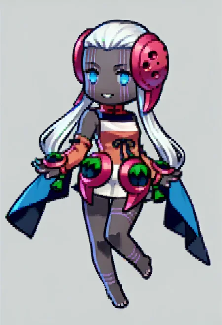 score_9, score_8_up, score_7_up, source_anime, 1girl, floating, smile, <lora:Feh-Sprites-pdxl_Fp:1> simple background, chibi, full body, <lora:zs_KikuriHimeXL:1> kikurihimesmt, white hair, long hair, blue eyes, dark skin, colored skin, dress, detached sleeves, bare shoulders, barefoot