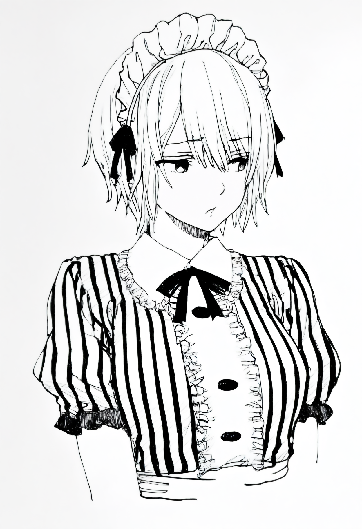 masterpiece, best quality, 1girl, solo, H0u0ujiAkane, short hair, maid headdress, black ribbon, striped dress, center frills, puffy short sleeves, white apron, simple background, cropped torso, parted lips, averting eyes, greyscale, monochrome, lineart, sketch, graphite \(medium\), traditional media, <lora:ChamHououjiAkaneNoob:1>