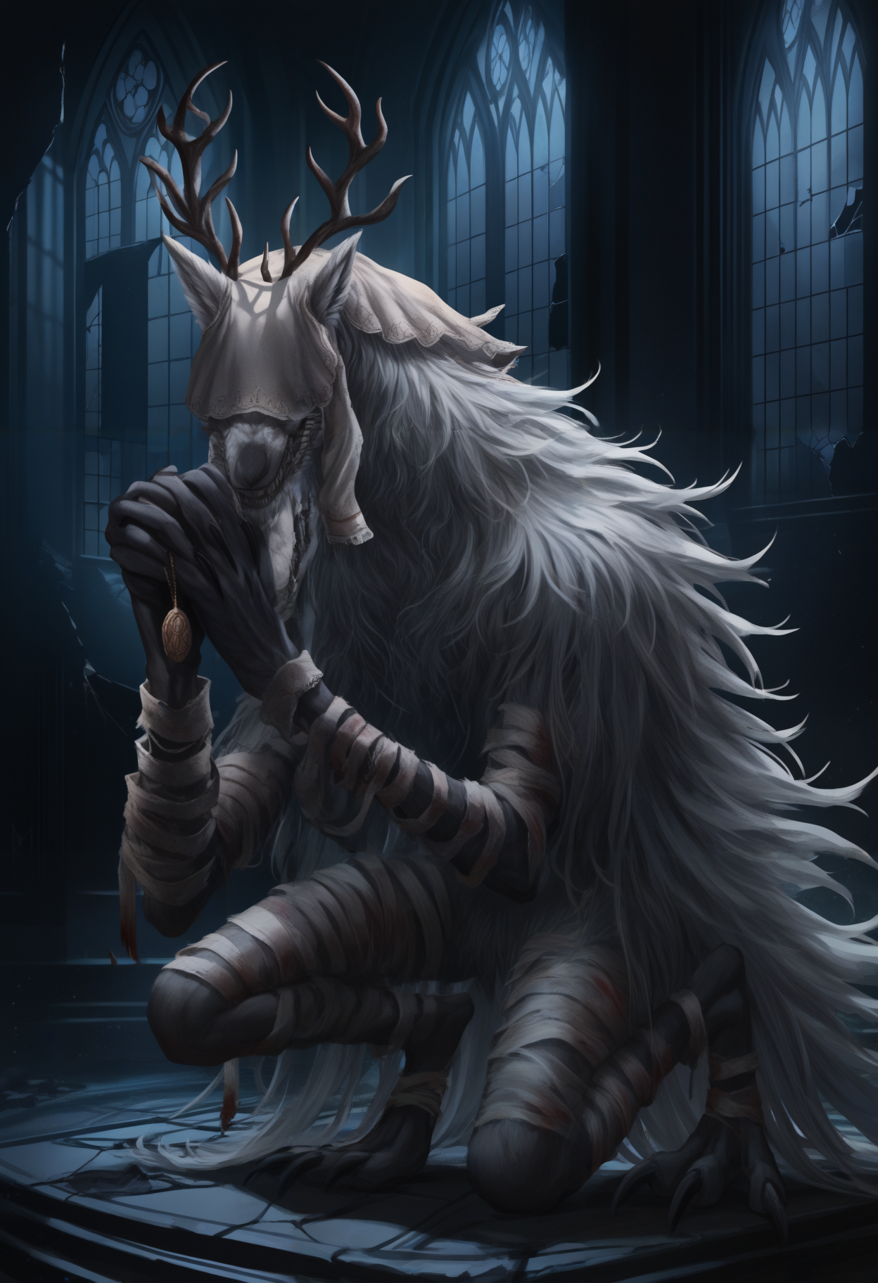 masterpiece, best quality, newest, hdr, dark, night, indoors, church, broken window, alter, closed mouth, solo,  1ma1v0r, amulet, antlers, white bandages, bandaged arm, bandaged leg, claws, digitigrade, monster, sharp teeth, fangs, snout, white veil over eyes, covered eyes, werewolf, white fur, white hair, long hair, no humans,
holding amulet, own hands together, praying
<lora:Vicar Amelia:1>