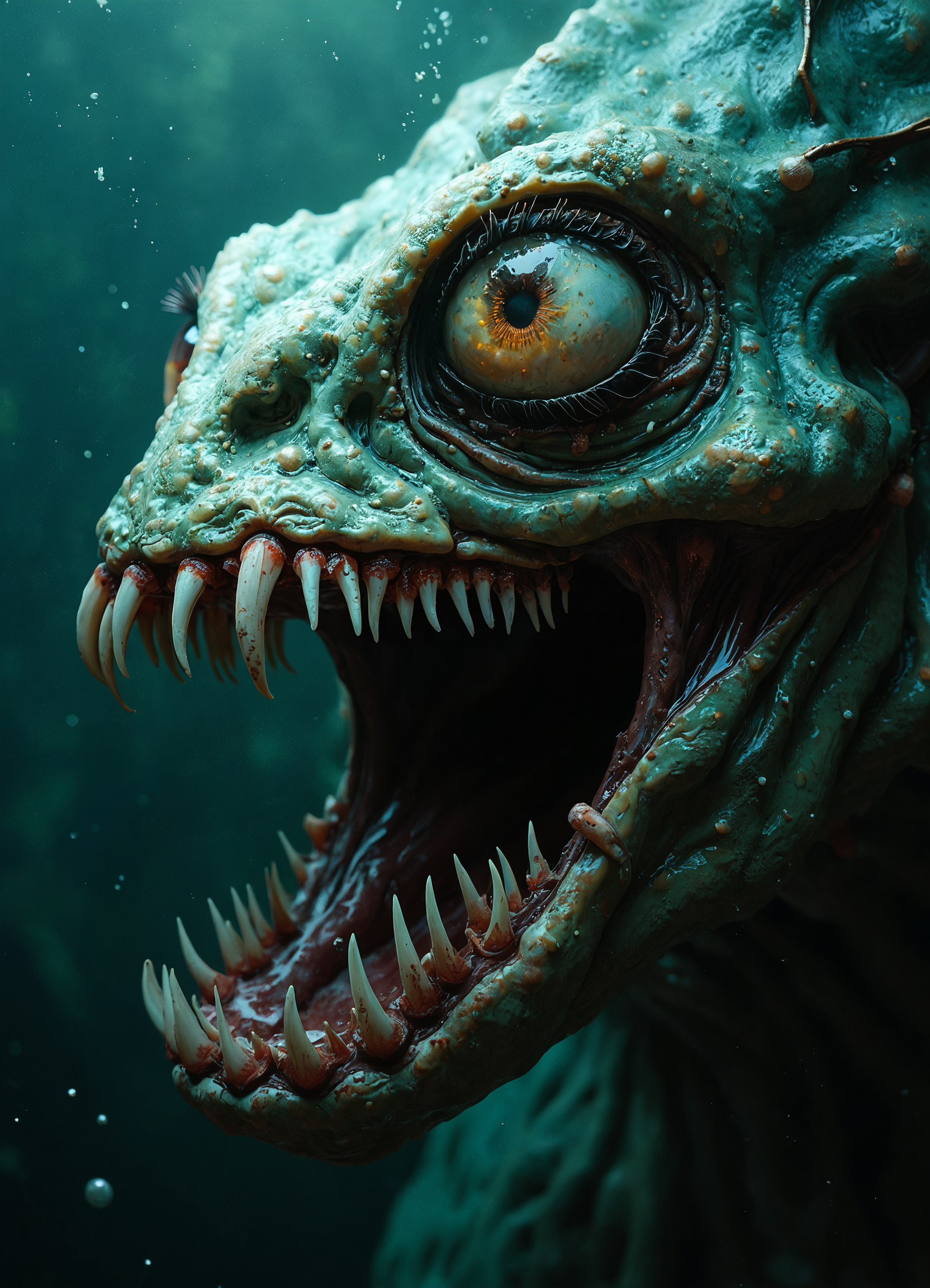 Hyper-realistic macro photograph of a terrifying aquatic predator's face, emerging from murky teal depths. The creature's skin is a pale, sickly blue-green, with a texture reminiscent of weathered leather, marked by fine wrinkles and scars. Its most prominent feature is a gaping maw filled with razor-sharp, translucent teeth, each fang glistening with a menacing gleam. The mouth is stretched wide in an aggressive snarl, revealing pinkish gums and a cavernous throat.
The beast's eye is a horrifying spectacle - bulging and bloodshot, with a milky film partially obscuring a glowing amber iris. Thick, dark lashes frame the eye, adding to its otherworldly appearance. Thin, spidery veins are visible beneath the creature's semi-transparent skin, pulsing with an eerie, bioluminescent light.
Shadows play across the being's face, accentuating its alien bone structure and adding depth to its nightmarish visage. Particles suspended in the water catch the light, creating a dreamlike atmosphere that contrasts sharply with the monster's brutal reality.
The image captures an impossible level of detail, from individual scales to the subtle shifts in color across the creature's face, resulting in a chilling portrait that blurs the line between fantasy and reality. The lighting is cold and ethereal