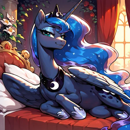 masterpiece, score_9, score_8_up, score_7_up, (best quality:1.1), ultra-detailed, high resolution, 1character, Princess Luna, (((beautiful detailed eyes))), Long eyelashes, Looking At Viewer, Highly Visible, (((8k))), Source_anime, feral, pony, alicorn, female, wings, royal, Lounging On Bed On Side, Looking At Viewer, Bedroom Eyes, Smirk, sharp focus, perfect lighting, beautiful eyes, long eyelashes, anatomically correct, extremely detailed, shine on body, high detail, cute face, Expressiveh, detailed background, OverallDetail, zPDXL2