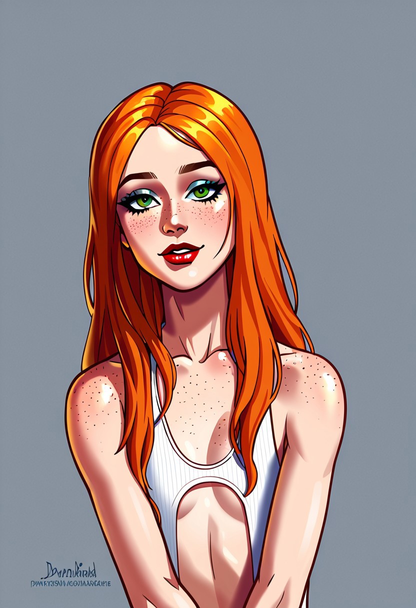 score_9, score_8_up, score_7_up, source_anime, masterpiece, alone, solo, 1girl, 18 years old, a sexy girl, flat chest, perfect face, green eyes, slender body, long legs, heartbreakingly beautiful, looking up at him, ginger hair, straight long hair, makeup, red lipstick, seductive, sexy woman, delicate, prominent chin, dream-like, loving look at viewer, Freckles, freckles on shoulders, freckles on chest, posh bedroom, cream virgin destroyer sweater, leaning forwards, seductive smile