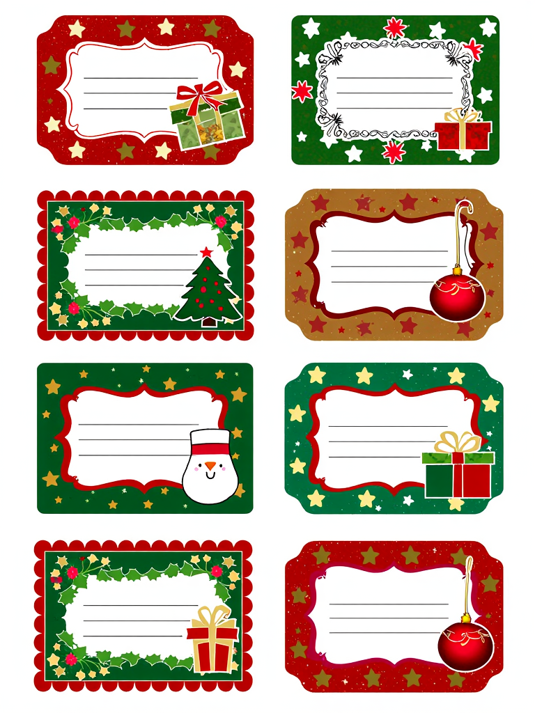 Christmas Label Tags 4x2 grid layout, lines, colorful christmas frames with a christmas icon on the side. No text. White background.
<lora:ChristmasLabelsFlux:0.9>