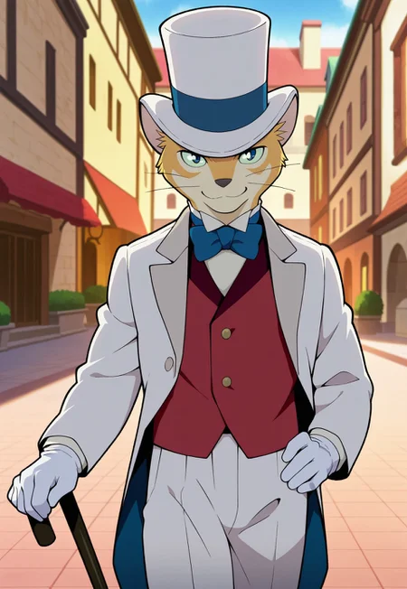 anime_screenshot, masterpiece, best quality, amazing quality, 1boy, solo, male focus, furry male, the_baron, white suit, red vest, blue bowtie, top hat, white gloves, cane, looking at viewer, smile, outdoors, european town