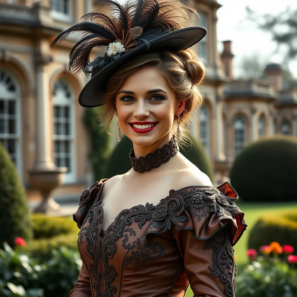 realistic photo, beautiful lighting, fine skin detail, beautiful english woman, updo hair, hat with feathers, wearing shiny satin ornate victorian hoop dress, in formal garden of mansion, smiling, happy, hoopdress
