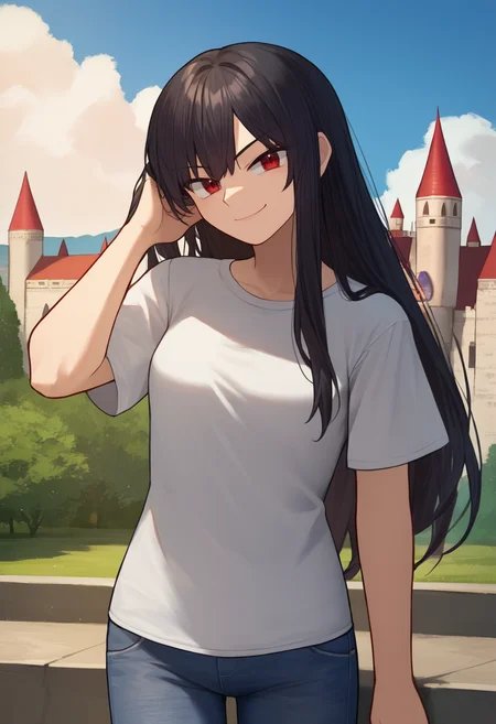 score_7_up, source_anime, solo, 1girl, smirk, looking at viewer, standing, hand in own hair, long hair, black hair, red eyes, white shirt, t-shirt, jeans, blue sky, cloud, outdoors, castle <lora:style_chocojax_ponyXL-000040:1>