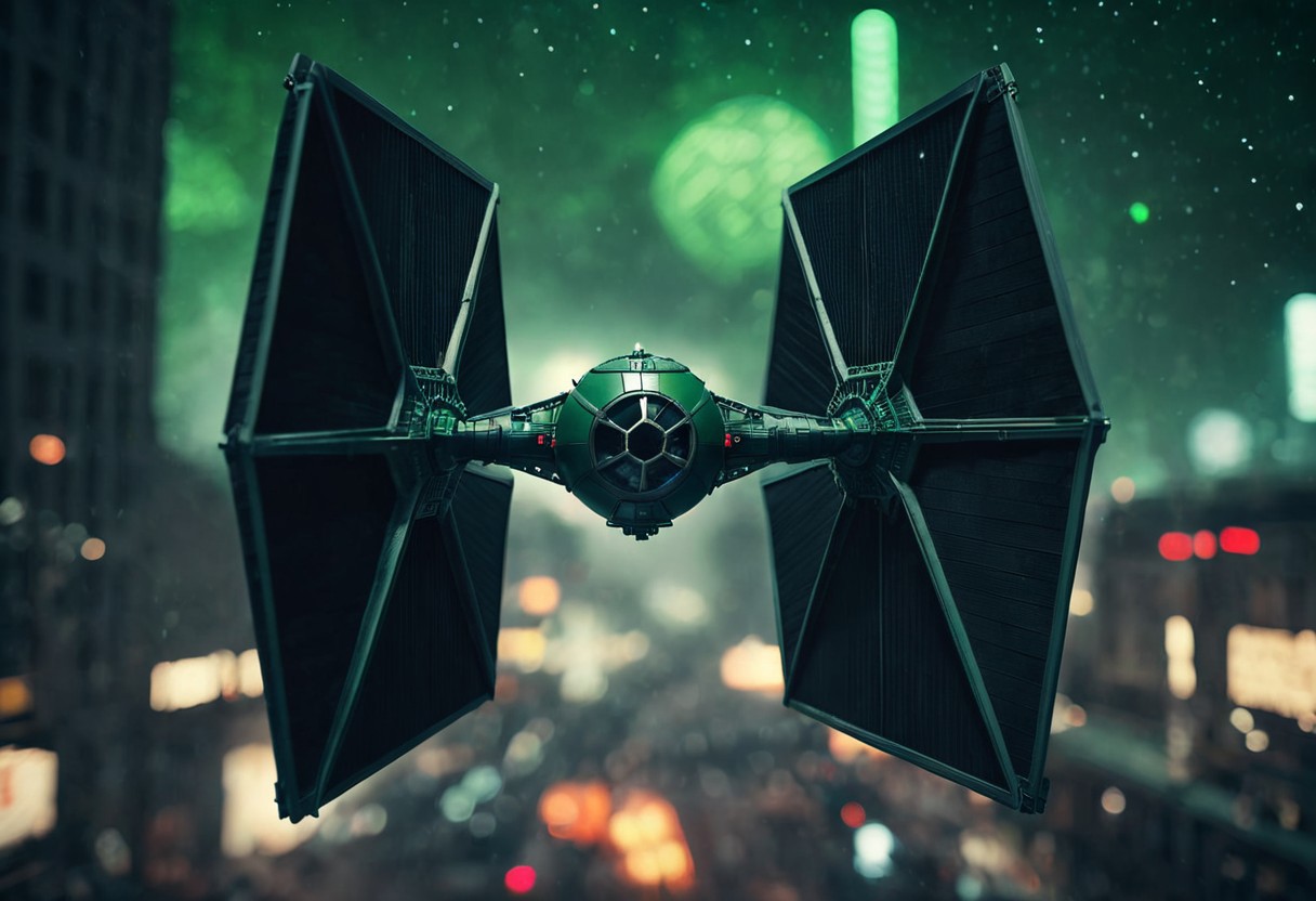 TIE fighter a star wars tie fighter flying through a city,military,no humans,night,star (sky),flying,science fiction,realistic,aircraft,space,vehicle focus,spacecraft , star wars style, battle, laser beam from tie fighter, green weapon, burstfir, shallow depth of field, vignette, highly detailed, high budget, bokeh, cinemascope, moody, epic, gorgeous, film grain, grainy
