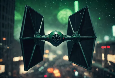 TIE fighter a star wars tie fighter flying through a city,military,no humans,night,star (sky),flying,science fiction,realistic,aircraft,space,vehicle focus,spacecraft , star wars style, battle, laser beam from tie fighter, green weapon, burstfir, shallow depth of field, vignette, highly detailed, high budget, bokeh, cinemascope, moody, epic, gorgeous, film grain, grainy