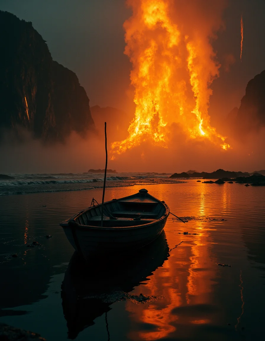 A highly detailed cinematic photography.
Boat, dripping, water, reflections, transparency, provoking, vivid color, Mordor: A dark and evil land ruled by the dark lord Sauron, Ernst Haas,  golden hour.