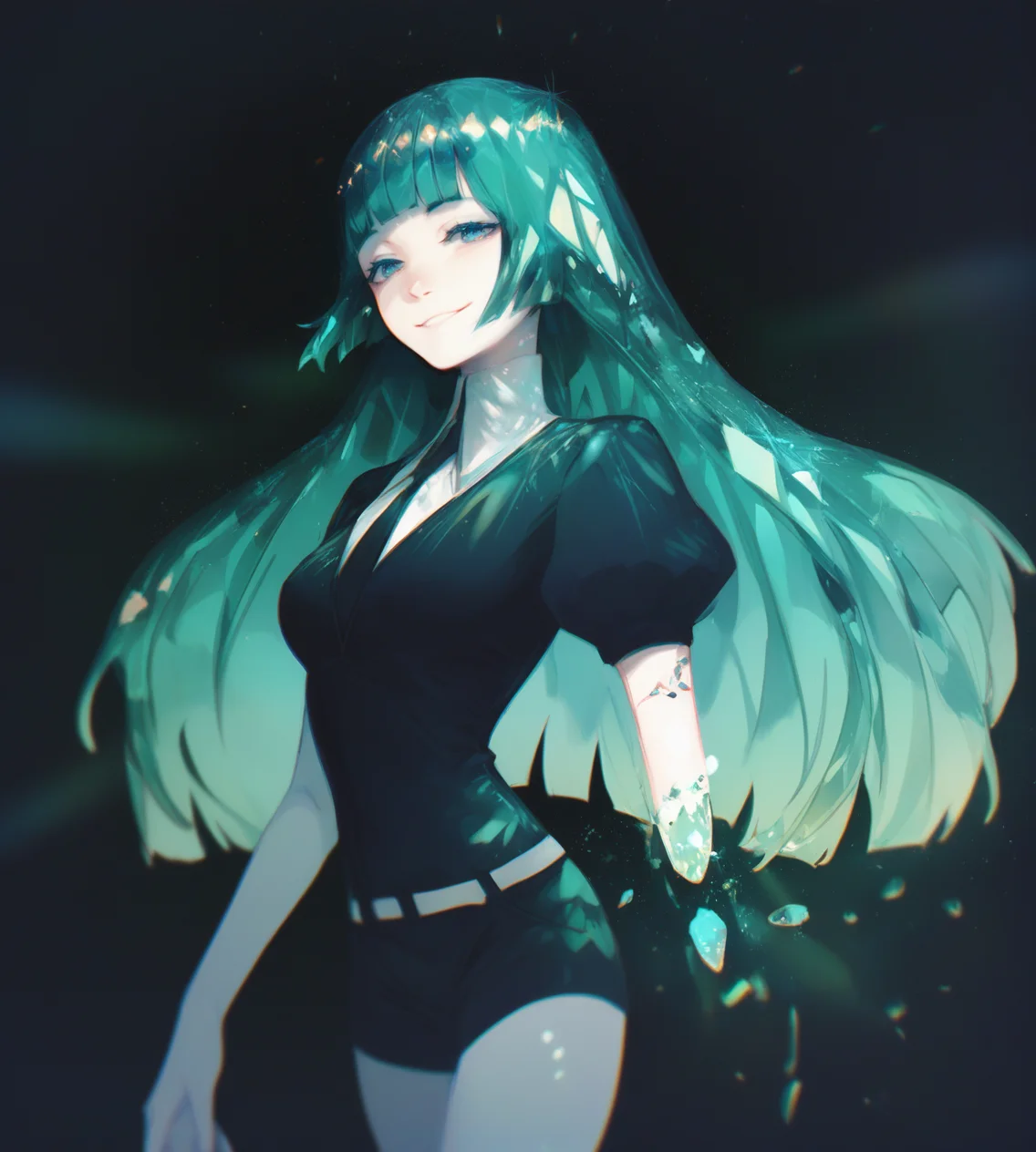 score_9,score_8_up,score_7_up,score_6_up,source anime BREAK,
1girl, solo, solo focus, green hair, blunt bangs, dark background, glowing, chromatic aberration, gradient hair, crystal hair, medium breasts, smile, cowboy shot,
<lora:houseki_no_kuni_artworks-000014:1>