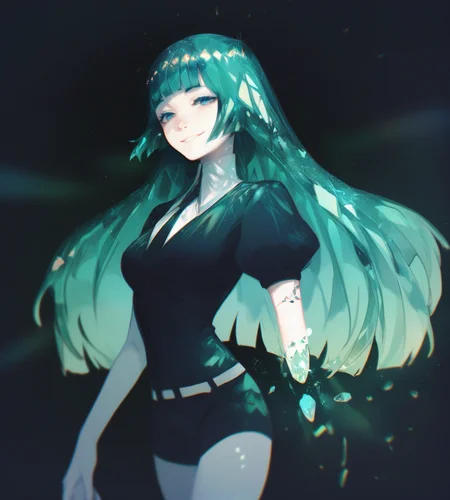 score_9,score_8_up,score_7_up,score_6_up,source anime BREAK,
1girl, solo, solo focus, green hair, blunt bangs, dark background, glowing, chromatic aberration, gradient hair, crystal hair, medium breasts, smile, cowboy shot,
 <lora:houseki_no_kuni_artworks-000014:1>
