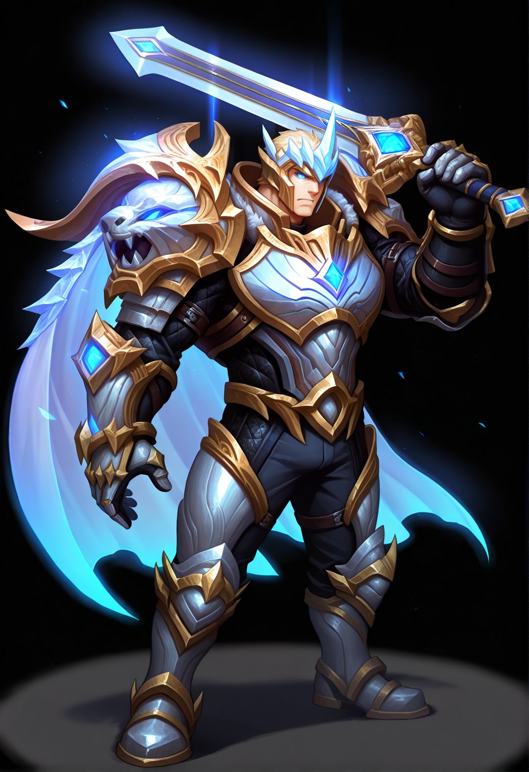1boy,blue eyes,glowing eyes,muscular male,mature male,bara,full body BREAK
(masterpiece, best quality, high quality, absurdres, high detail),(1boy,solo,mature male) BREAK
from behind,holding sword,dynamic pose,black background,
god-king_garen,god-king armor,god-king helmet,shoulder armor,gauntlets,transparent cape,armor,cape,helmet,
<lora:hand 5.5:1>,<lora:add-detail-xl:1>,<lora:4k:1>,<lora:god-king__garen:0.8>,<lora:sn0w:1>,, <lora:Expressive:0.8>,