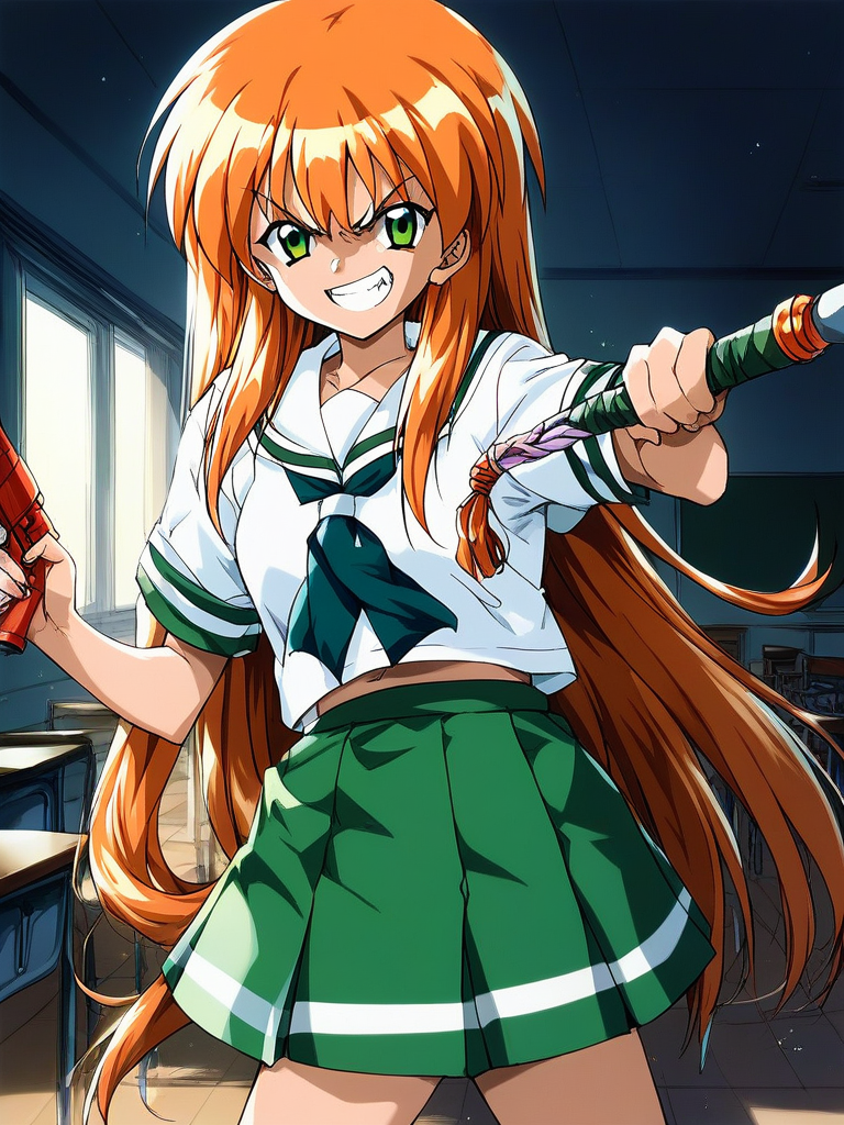 score_9, score_8_up, score_7_up, source_anime, rating_explicit, BREAK  <lora:Akai_Homura_XL:1> Akai_Homura, very long hair, green eyes, orange hair,
1girl, solo, angry, looking at viewer, school uniform, skirt, smile, weapon,
room, night, school,