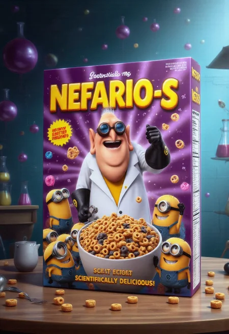 A vibrant, cartoonish cereal box design titled 'Nefario-s', featuring Dr. Nefario from Despicable Me as the quirky mascot. Nefario is standing proudly in the center, grinning with one hand on his hip and the other holding a spoon, ready to dive into a bowl of his signature cereal. He’s surrounded by his minions, who are happily scattering minion-shaped cereal pieces around in excitement. The box has bold, playful typography with fun, exaggerated fonts for the 'Nefario-s' logo. The color palette is bright with yellow, orange, and purple, with cartoon explosions and stars surrounding the characters. At the bottom, it says, 'Now with Extra Minion Power!' and 'Scientifically Delicious!' in a fun, childlike font. Over-the-top cartoon style, bold colors, vibrant illustrations, with some comedic action. The background is a zany laboratory setting with bubbling beakers and gadgetry. The cereal box sits atop a lab table.