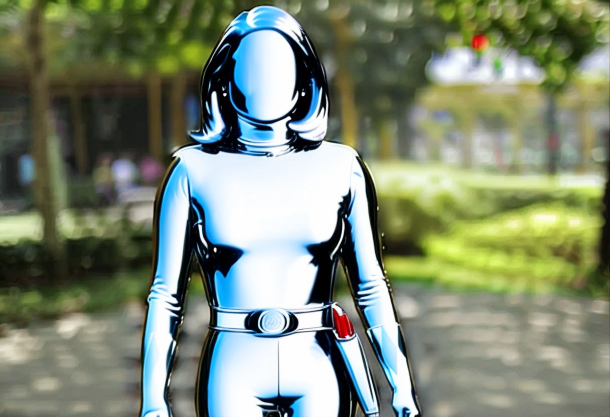 faceless chrome statue of power ranger Ellie, side-parting voluminous straight shoulder-length chrome bob hair, alone, helmetless, chrome catsuit, chrome turtleneck collar, chrome gloves belt, faceless, entirely made of chrome, command centre, arms outstretched, hyperdetailed photography