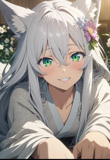 gorgeous lips, (masterpiece), (best quality), (ultra-detailed), very aesthetic, illustration, perfect composition, intricate details, absurdres, detailed face, (anime, masterpiece, intricate:1.3), (best quality, hires textures, high detail:1.2), (4k),(incredibly detailed:1.4)
bust shot, girl looking at viewer, smiling girl, solo, fox ears, ear hair, silver hair, hair between eyes, long sideburns, (long hair reaching to shoulders), super long hair, long hair, green eyes, droopy eyes, voluminous hair, long hair, blushing, full body, smiling, spring kimono, waking up, flower hair accessory, light blue small flower, June 30th birth flower Scabiosa flower background,