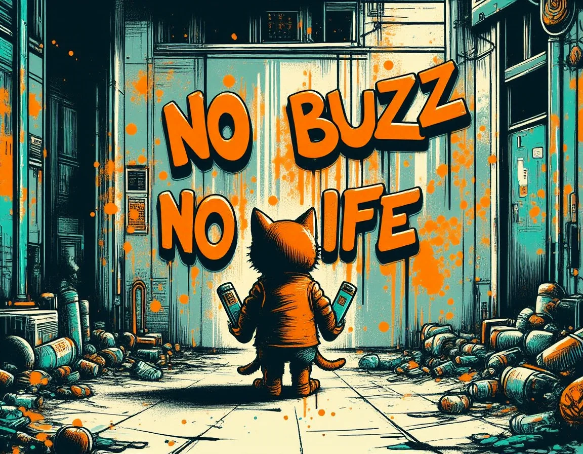 (big graffiti on the wall reading "NO BUZZ NO LIFE":1.3),low color count,mad-cbrpnksplshrt chibi tabby cat facing away from the viewer,wearing hipster clothes,graffiti cans in hands,in front of a dilapidated building,outrun,paint splashes,dirty street,trashcans,<lora:Neon_Cyberpunk_Splash_Art_FLUX:1>,