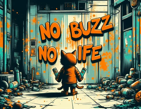 (big graffiti on the wall reading "NO BUZZ NO LIFE":1.3),low color count,mad-cbrpnksplshrt chibi tabby cat facing away from the viewer,wearing hipster clothes,graffiti cans in hands,in front of a dilapidated building,outrun,paint splashes,dirty street,trashcans,<lora:Neon_Cyberpunk_Splash_Art_FLUX:1>,