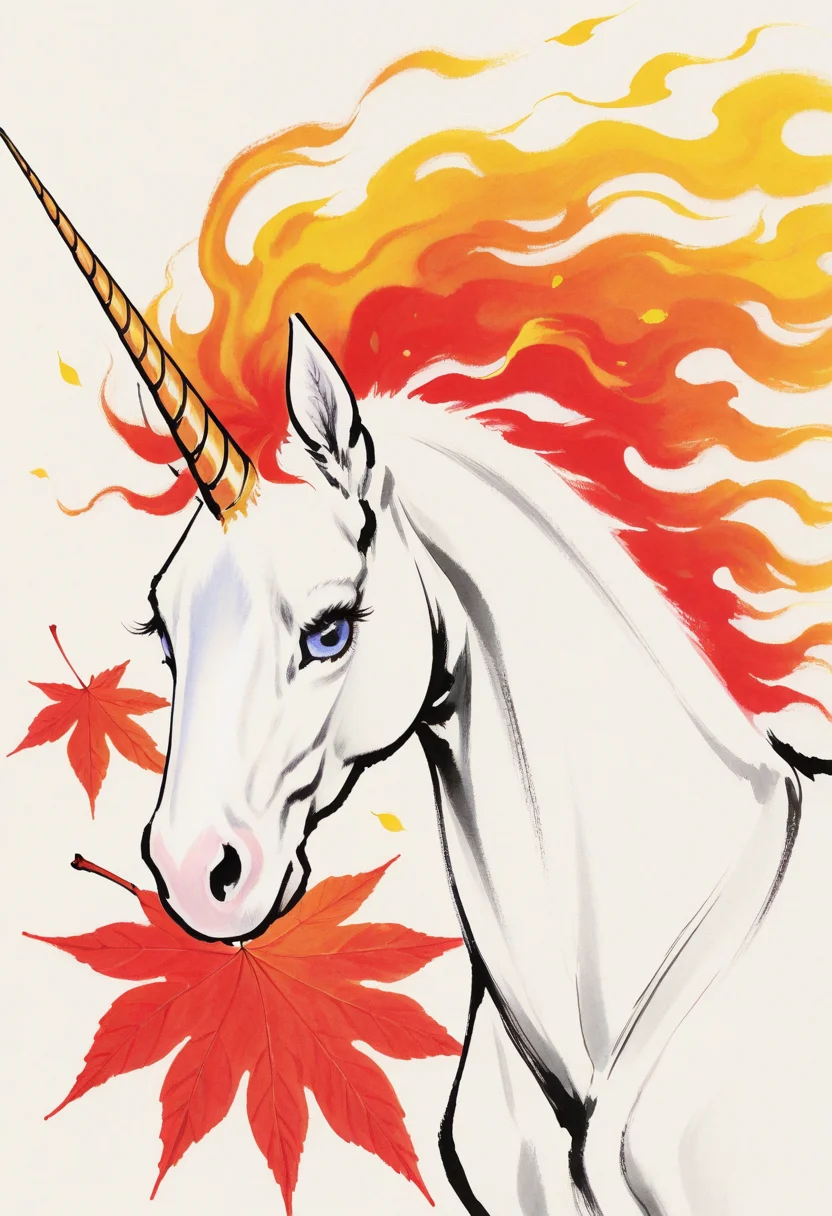 no humans, unicorn, leaf, autumn leaves, dutch angle, eye focus, fiery hair,
BREAK
<lora:Ink_wash_painting_style_from_Doubao_AI_v1:1> dbiwpstyle, traditional media, high contrast, colorful, minimalism,
BREAK
best quality, masterpiece, very aesthetic, absurdres, highest detailed, very awa, simple background,