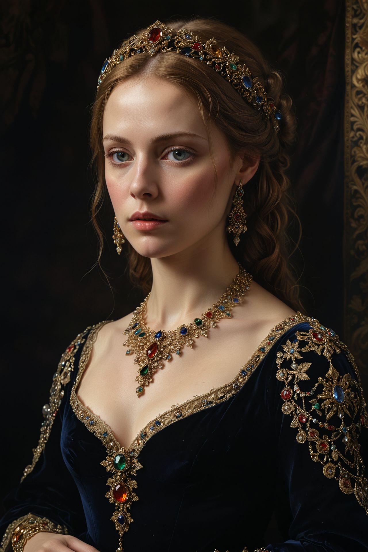 Renaissance-era portrait of a woman with elaborate jewels and a velvet gown, oil on canvas, realistic detail, sfumato technique, soft lighting, classic beauty. 
(masterpiece, award winning artwork)
many details, extreme detailed, full of details,
Wide range of colors, high Dynamic
 <lora:add-detail-xl:1> 
<lora:WildcardX-XL-Detail-Enhancer:0.9>
 <lora:zavy-cntrst-sdxl:0.245> dark, chiaroscuro, low-key 
<lora:RMSDXL_Creative:0.24> 
<lora:dvr-lnds-sdxl:0.22> dvr-lnds-sdxl