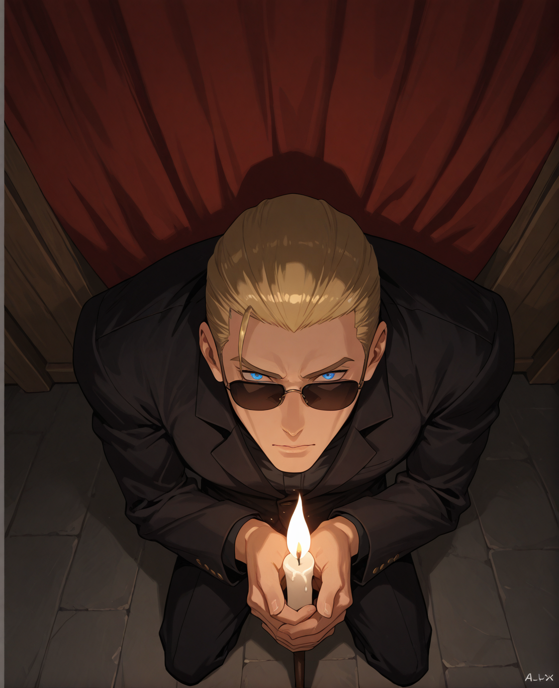 PonyScores7, source_anime, ah, 1IllustriousQual, interesting, exciting, spectacular, wonderful,
BREAK ((from above), (from front), very far from viewer),
BREAK <lora:albertwesker-guy-PONYv1:0.8>, albertwesker, 1boy, toned, athletic, fit, mature male,  angular face, sharp_featured face, handsome, charming, alluring, <lora:shinyskin2:0.2>, glistening skin, AS-MidAged,
BREAK slicked back hair, short hair, blonde, <lora:hairdetailpxl:0.2>, hairdetailpxl, 
BREAK blue eyes, <lora:expressive eyes:0.2>, expressive eyes, <lora:eyedetailpxl:0.2>, eyedetailpxl, <lora:Eyes_High_Definition:0.2>, EyesHD,
BREAK (In the early morning mist of the backcountry, he prepares the campfire breakfast, his hands deftly moving from task to task, The others awaken to the smell of cooking, their spirits lifted by his quiet dedication, They share a meal in companionable silence, each bite a tribute to his tireless energy),
BREAK (cocktail Lounge, Dimly lit space with intimate seating arrangements, low tables adorned with candles, a gleaming bar stocked with premium spirits, plush velvet curtains, jazz music playing softly in the background),
BREAK focused, intense glare, apathetic, contemptuous, <lora:Expressive_H:0.2>, Expressiveh, looking at viewer, <lora:Emotional_Anime_Expressions_PonyXL_Concept:0.2>, emotional, <lora:Best_Facial_Expression_LoRA_PONY:0.2>, <lora:Detailed expressive EXEV style -XL Pony V1.0:0.2>, FaceDetail,
BREAK (waitstaff uniform), (sunglasses:1.3), 
BREAK <lora:xl_more_art-full_v1:0.2>, <lora:aesthetic_anime_v1s:0.2>, <lora:EpicF4nta5yXL:0.2>, <lora:detailxl:0.2>, detailxl, <lora:Fant5yP0ny:0.2>, best quality, amazing quality, best aesthetic, absurdres, illustration, Volumetric_Lighting, ultra-detailed, very aesthetic, intricate details, 8k, masterpiece, best_quality,
BREAK Stable_Yogis_PDXL_Positives, AS-Adult, <lora:Complicated fantasy portrait - XL Pony V2.0:0.2>, bad-hands-5, <lora:HDA_Detailer:0.3>,