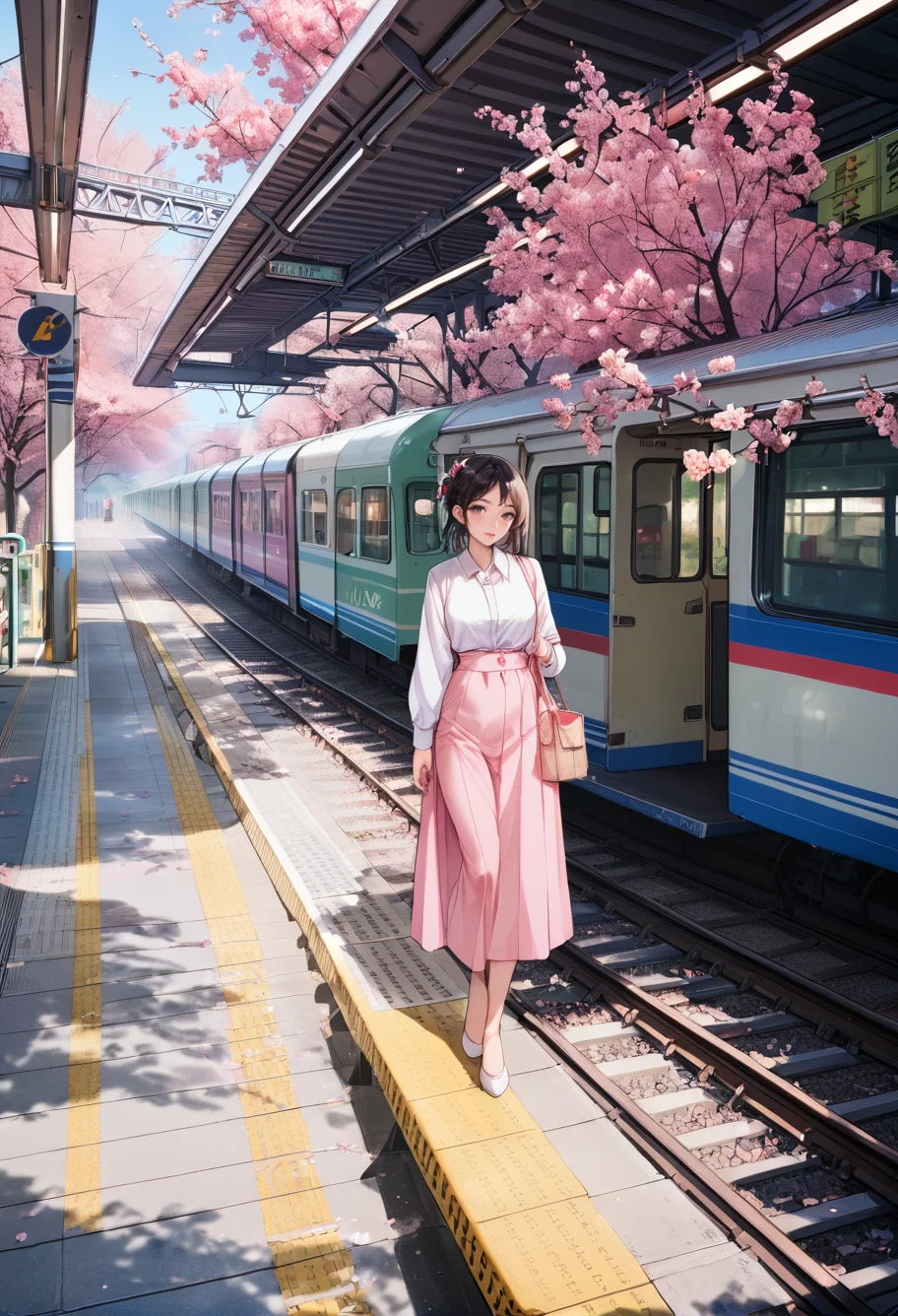 ,ruanyi0802,train station,cherry blossoms,<lora:802 Sakura Train Station_v1_pony:1>, score_9,score_8_up,score_7_up,,8k,1girl,solo,,