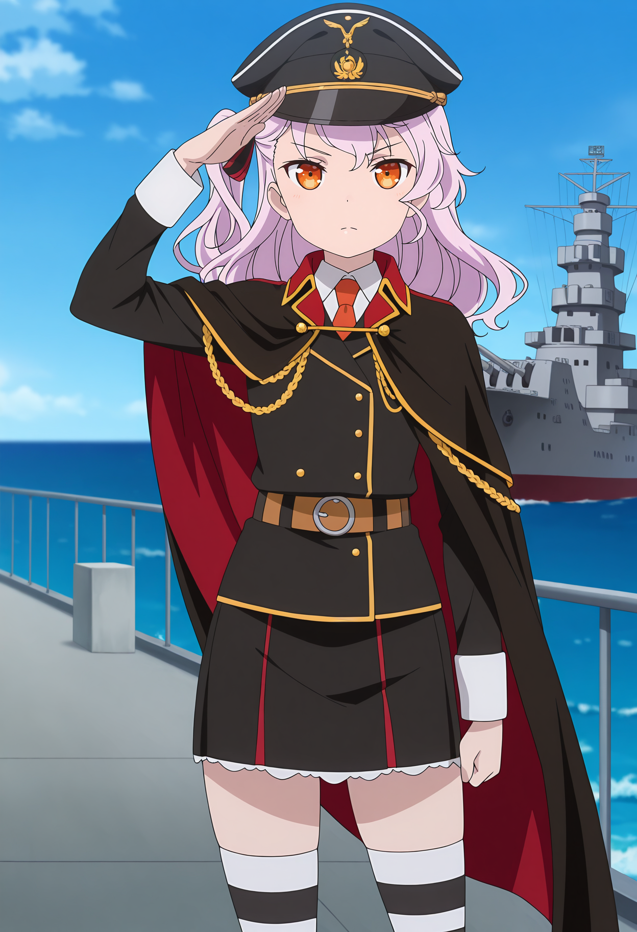 anime screencap, masterpiece, best quality,
<lora:HighSchoolFleet_TheaKreutzer_IlluXL:0.9>,
1girl, solo, serious,
one side up, long hair, pink hair, orange eyes, hair ribbon, black ribbon,
sailor hat, black headwear, naval uniform, black cape, black jacket, collared shirt, white shirt, red necktie, long sleeves, brown belt,
black skirt, striped thighhighs, white thighhighs, black thighighs,
salute, standing, looking at viewer, cowboy shot, legs,
horizon, dock, outdoors, battleship, warship, blue sky, blurry background