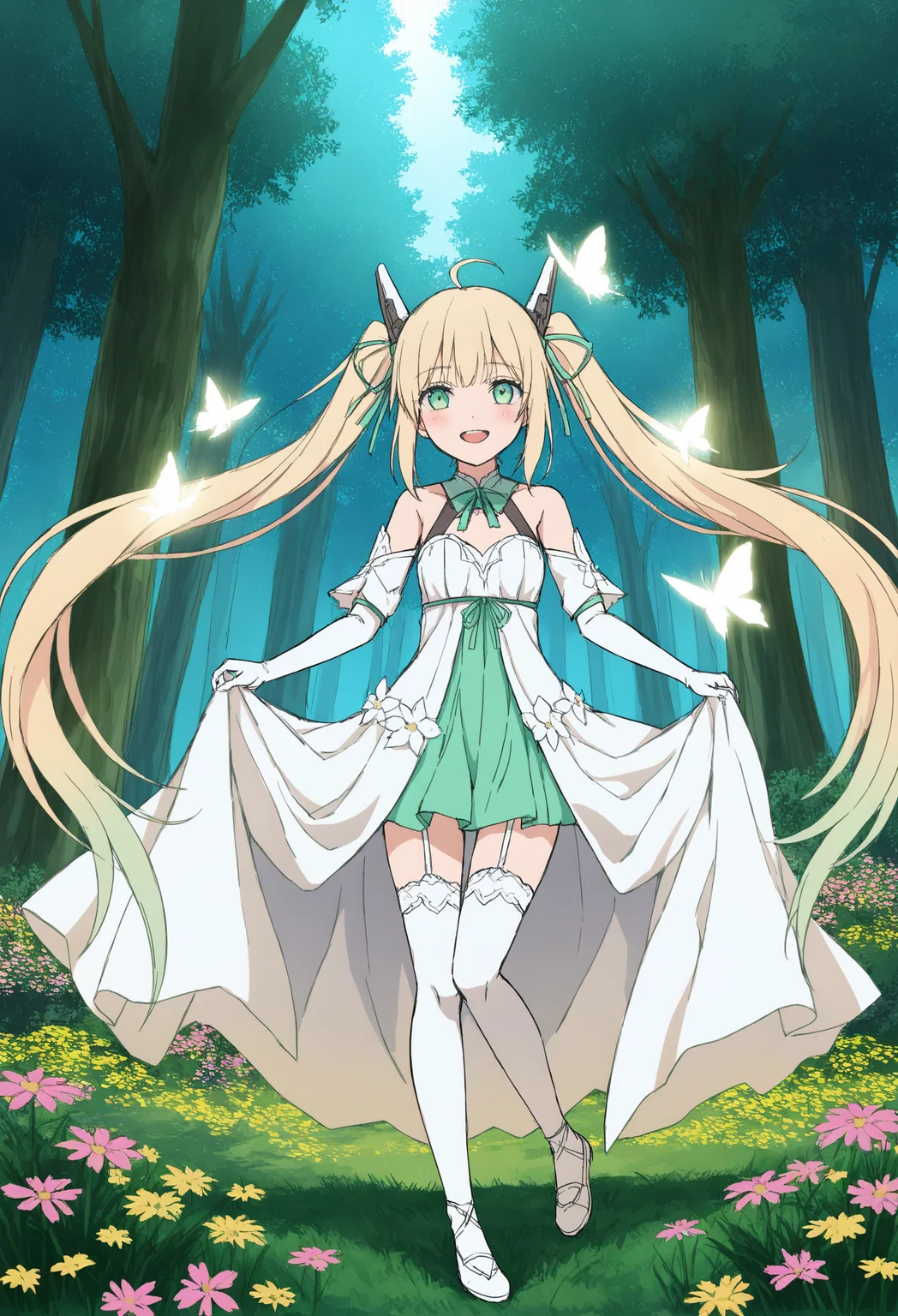 1girl,
butterfly, bug, long hair, solo, scenery, tree, flower, fantasy, dress, grass, outdoors, nature, ahoge, very long hair, forest, glowing
masterpiece, open mouth, standing on one leg, green eyes, smile, headgear, garter straps, looking at viewer, elbow gloves, thighhighs, ribbon, twintails, white thighhighs, gloves, day, standing, blush, detached sleeves, skirt hold, bare shoulders, hair ribbon, blonde hair,
.
best quality, very aesthetic, absurdres
<lora:hakuhiruoeoefornoob:0.95>