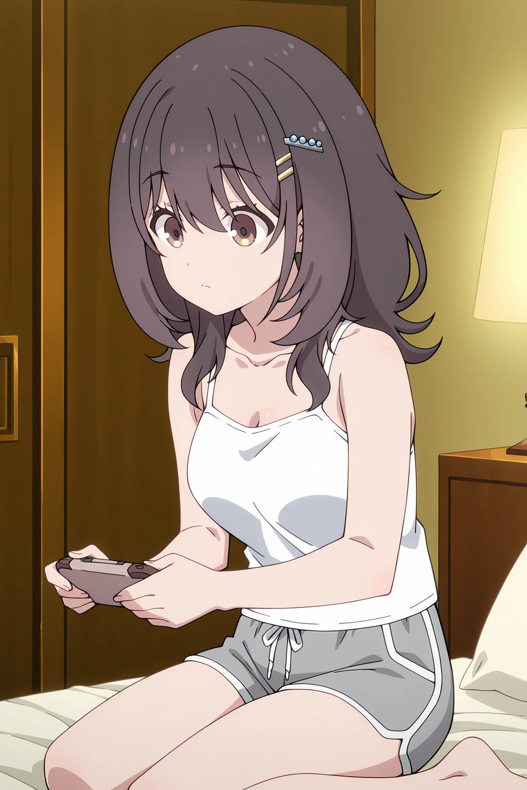 volumetric lighting, official style, amazing quality, ultra detailed, highres, detailed background, anime screenshot, anime screencap, anime coloring, masterpiece, detailed face,1girl <lora:mako_kawai__-15:0.9>mako_kawai, mako_kawai(outfit 1), solo, grey dolphin shorts, hair ornament, brown and yellow eyes, hairclip, holding, sitting, barefoot, short shorts, long hair, indoors, bed, black hair, camisole, closed mouth, on bed, bangs, breasts, bare shoulders, collarbone, white camisole