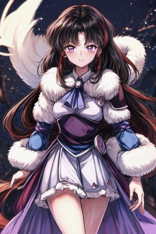 masterpiece,  best quality 1girl Setsun4 solo long hair,  (night time) forest background black hair very long hair purple eyes multicolored hair armor (fur trim) (medium body),<lora:EMS-179-EMS:0.800000>,<lora:EMS-293862-EMS:0.800000> bow, hair_bow, hair_tubes, red_bow, brown_hair, long_hair, bangs, ascot, frilled_bow, yellow_ascot, blush, smile, hair_between_eyes, athletic, armor