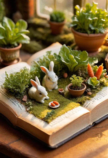 macro photo, close-up view of a hollowed-out book, a miniature world inside, fluffy bunnies, (earthenware teacups:1.1), mossy furniture, tiny carrots and lettuce leaves, a cozy scene, (golden light:1.2) bathing the bunnies, (warm colors:1.2), (intricate detail:1.3)