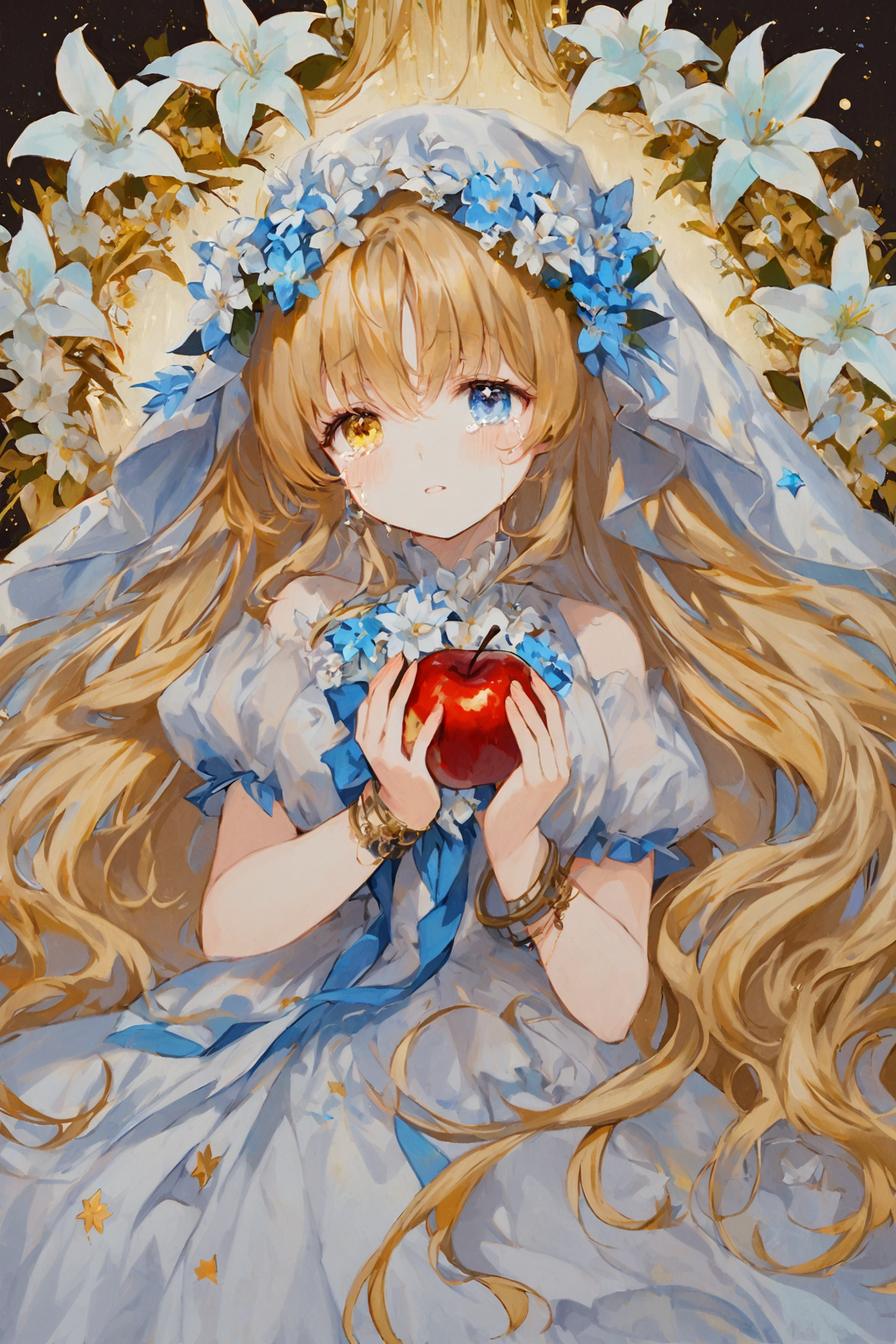1girl, fruit, food, long hair, heterochromia, solo, yellow eyes, blue eyes, blonde hair, apple, holding, holding fruit, dress, holding food, flower, parted lips, very long hair, veil, white flower, wavy hair, bangs, bracelet, star \(symbol\), crying, crying with eyes open, jewelry, lily \(flower\),traditional media, <lora:Hyatsu_XL:0.9>,