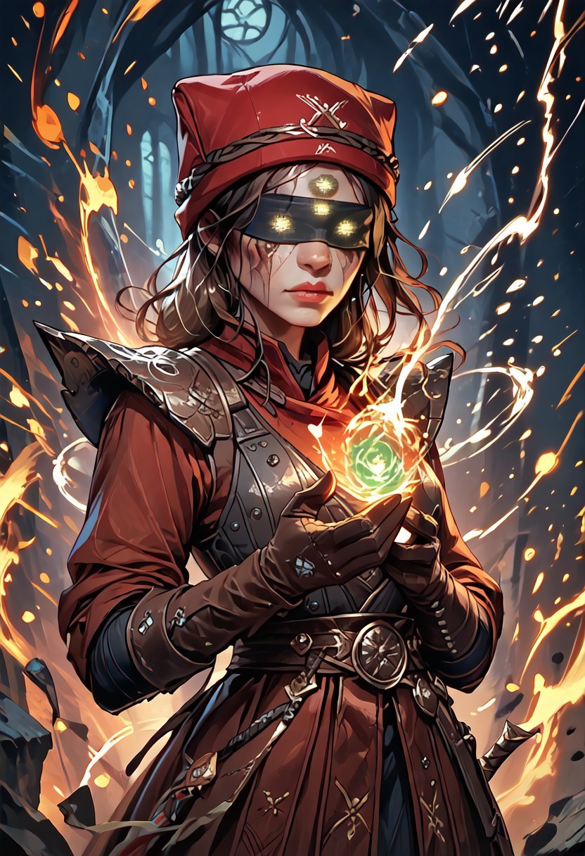 ((zPDXL3)), ((masterpiece,best quality, highly detailed)), ((score_9)), score_8_up, score_7_up, score_6_up, score_5_up, score_4_up, Digital painting style, brushstrokes, ((EnhanceImage)), solo, 1girl, erismorn, glowing eyes, makeup, hat, armor, gloves, blindfold, pauldrons, covered eyes,
Expressiveh, 30yo, 
chinese magical sorceress, animated, swirling magic, wisps of magic, magical accessories, evoking motion, conveying motion, dynamic splash art, ((handfixer)), four fingers, one thumb, detailed background, 
<lora:PainterlyFantasiaPDXL:0.6>,