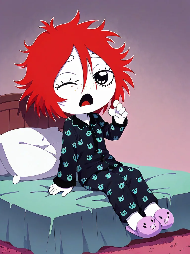 score_9, score_8_up, score_7_up,  
1girl, ruby gloom, red hair, short hair, white skin, freckles, 

messy hair, black pajamas, pajamas, pants, long sleeves, sitting, on bed, one eye closed, narrowed eyes, tired , open mouth, bunny slippers,
