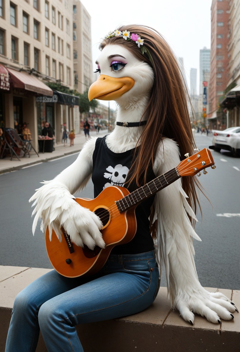score_9, score_8_up, source_cartoon, toony, 1girl, solo, furry, bird girl, beak, white feathers, blue eyes, eyeliner, very long hair, flat hair, brown hair, straightened hair, hippie, jeans, 1970, new york, long neck, flower shirt, choker, guitar, sitting, street, acoustic guitar, outdoors