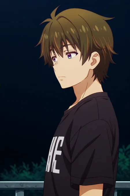 score_9, score_8_up, score_7_up,source_anime,BREAK, rating_safe, intricate details , , , anime screencap, anime coloring, official style, depth of field,1boy, solo, male focus , , ,  <lora:wataru:0.98>, wataru sajo,dark brown hair,purple eyes,short hair,black shirt,t-shirt,from side , , ,<lora:sdxl_lightning_8step_lora_315544:1>