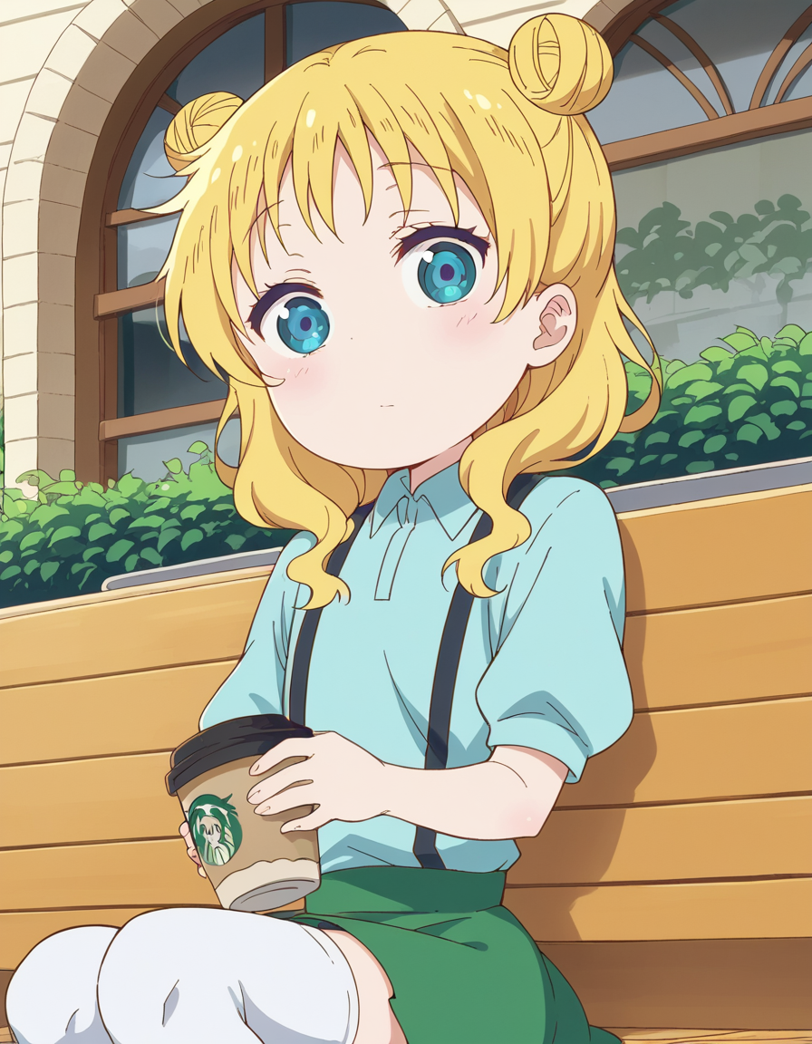 score_9, score_8_up, score_7_up, source_anime, <lora:dragon-chloe-s2-ponyxl-lora-nochekaiser:1>, chloe, blue eyes, blonde hair, hair bun, double bun, child, female child,, skirt, shirt, thighhighs, collared shirt, suspenders, blue shirt,, cafe, coffee cup, barista, sitting down, talking, relaxing, sunlight through window, , looking at viewer, v, v over eyes,, solo,, dutch angle,