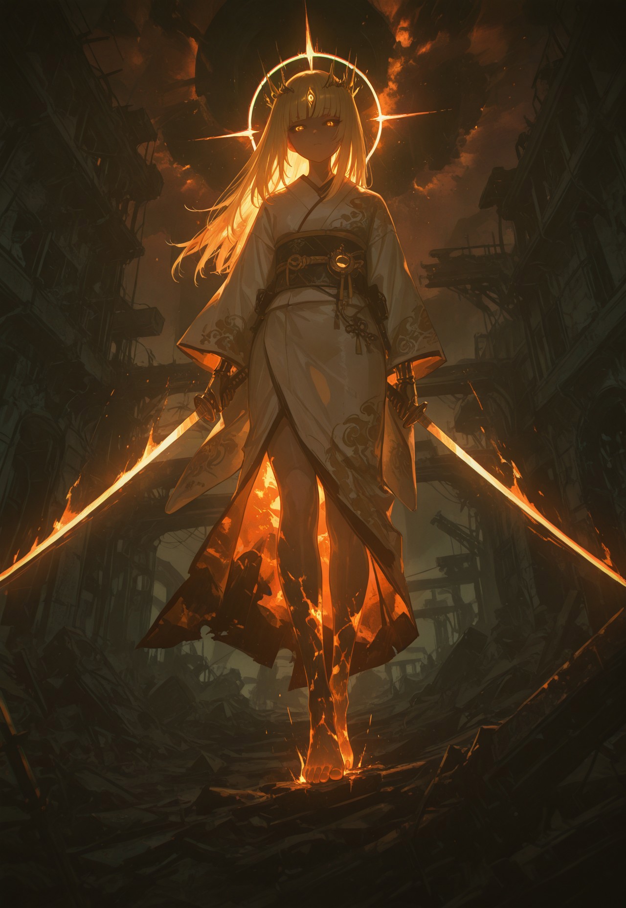 masterpiece, very aesthetic, absurdres, best quality, amazing quality, (ruins background, chromatic aberration, bright galaxy, raytracing), ((Chiaroscuro Lighting Style, dramatic lighting, drastic contrast)), Classical Chinese Brush and Ink,  1space spirit girl, ((solo)), burning body, ((extremely bright nebula surrounding girl, massive thick shockwave ring surrounding girl)), wearing white kimono, thorn crown, glowing third eye, eldritch third eye, perfect golden eyes, sad face, ((glowing face warpaint)), hime cut, blonde hair, (howling wind, hair flowing in howling wind), limited green palette, black sclera,  mechanical arm, holding, holding katana, katana shining, motion lines, motion blur, dynamic angles, ((close up, feet focus)), bare feet, stepping on viewer, low angle