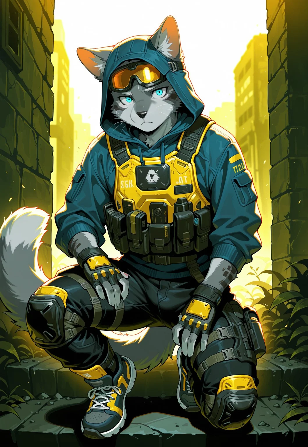 masterpiece,best quality, amazing quality,1boy, solo, Gray cat, Furry gray cat, fluffy tail, 5 fingers, Cat Blue eyes, black nose, sneakers, black jeans, blue hoodie, tactical black body armor, yellow ski goggles on eyes under hood, hood, fingerless gloves, knee pads and shin guards, stalker and Titanfall style suit.