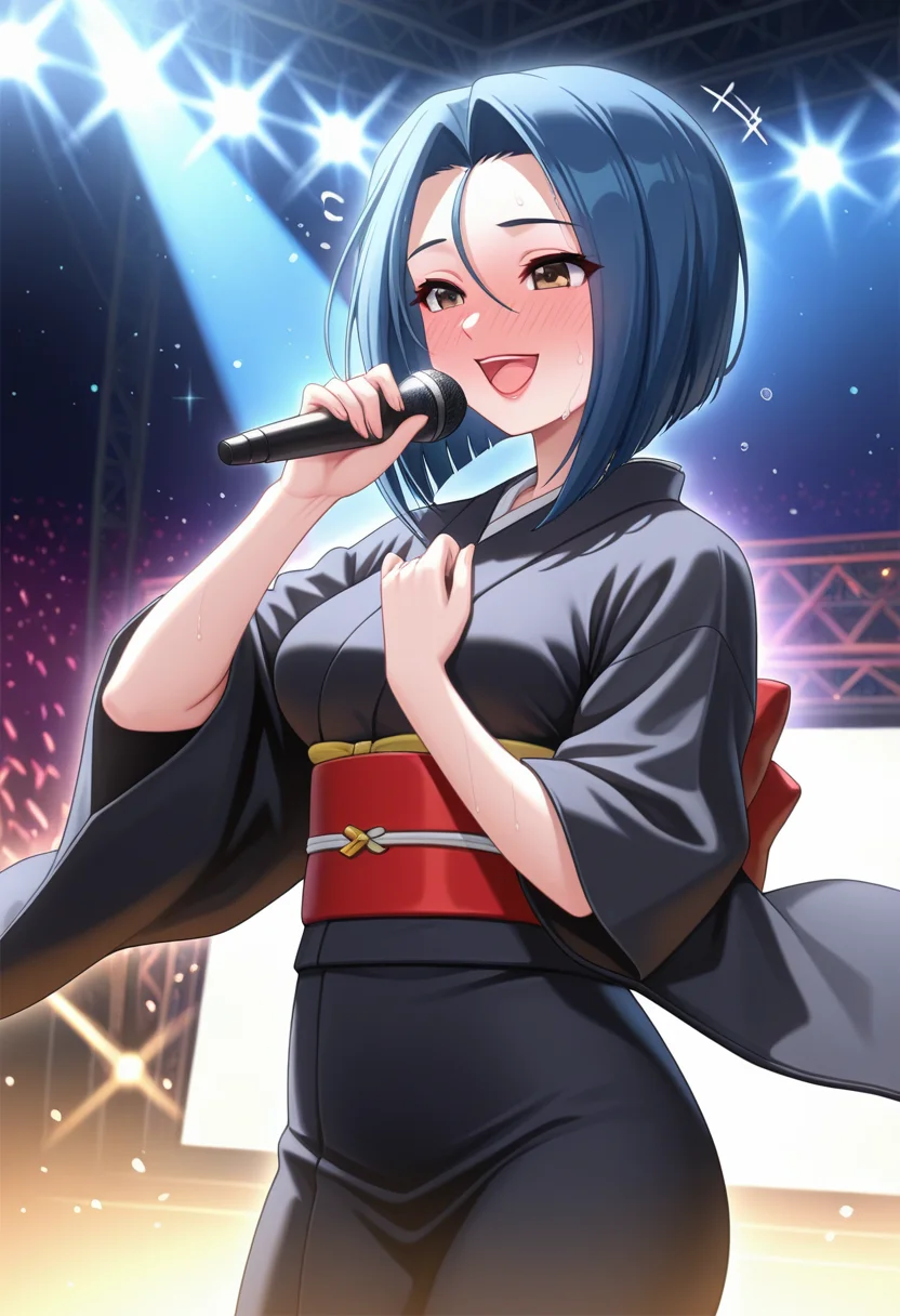 masterpiece, best quality, amazing quality, 1girl, solo, renww, brown eyes, blue hair, medium hair , parted bangs, forehead, medium breasts, makeup, lipstick, japanese clothes, black kimono, obi, sash, <lora:Seto_Ren_Seto_no_Hanayome_ill_v10:0.9>, (singing, music, concert), microphone, holding microphone, musical note, sweat, flying sweatdrops, outdoors, stage, stage lights, spotlight, light particles, open mouth, (smiling, happy), full-face blush, skindentation, detailed clothing folds, depth of field, sharp, high contrast, dynamic light
