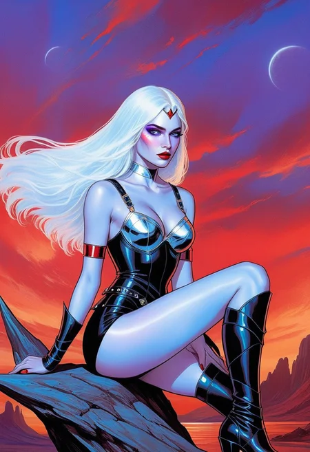 score_9, score_8_up, score_7_up, source_anime, BREAK, 1girl
ethereal fantasy concept art of a highly detailed, digital artwork featuring a strong powerful muscular, warrior-like female character. She has long, flowing silver hair and striking,80s bold makeup with purple eyeshadow and red lips, blue eyes, Her skin is a pale, almost ghostly complexion, adding to her otherworldly appearance. She is dressed in a dark, edgy outfit consisting of a black leather bra, matching high-waisted shorts, and red greaves with black thigh-high boots with a rugged, a single red shouldewr guard. Her attire is adorned with intricate, metallic accents and straps, giving her a warrior-like appearance. She sits confidently on a bloodied giant dead alien beast Her right hand holds a gleaming, silver sword with a subtle, while her left hand rests on her knee, exuding a sense of calm and readiness.
The background is a desert space port glowing red sky, illuminated by swirling clouds and twin suns on the horizon. The overall style blends the iconic fantasy and sci-fi elements , with vivid, realistic textures and a striking color palette that brings the scene to life. Her pose and expression convey a sense of readiness, strength, and determination. The overall style is a blend of fantasy and science fiction, with a focus on detailed, realistic textures and a striking color palette. The artwork combines elements of comic book art and digital fantasy art.