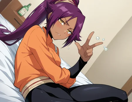 score_9, score_8_up, score_7_up, source_anime,
yoruichishihouin, <lora:yoruichi-shihouin-ponyxl-lora-nochekaiser:1>
yoruichi shihouin, long hair, yellow eyes, ponytail, purple hair, dark skin, dark-skinned female,
bodysuit, black bodysuit, bodysuit under clothes, orange shirt, long sleeves,
indoors, bed, bed room, on side, blush, drunk,
looking at viewer, dutch angle, cowboy shot,
