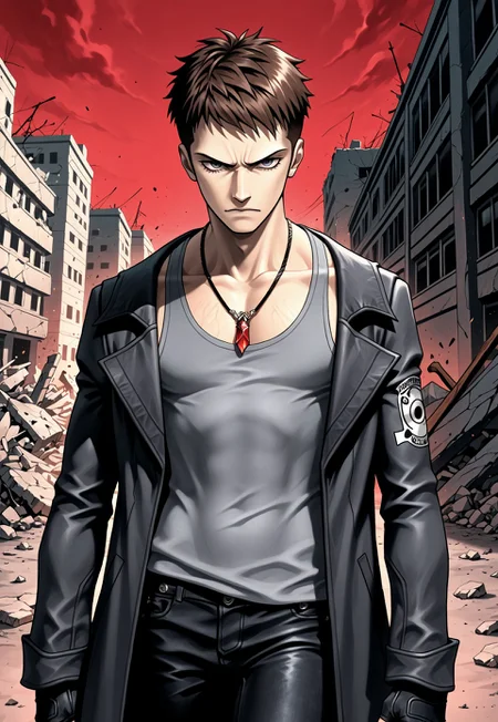 kanekostyle, lipstick, eye shadow, eyelashes, masterpiece, best quality, hyper-Detailed, 1man, solo, male focus, alone, detailed, DmCDante ((toned body, fair skin, brown hair, short hair, blue detailed eyes,)), ((wearing necklace with red stone, black and read coat over, grey tanktop, black jeans pants, black fingerless gloves)), staring at the viewer, serious, walking between destroyed buildings, night, red sky