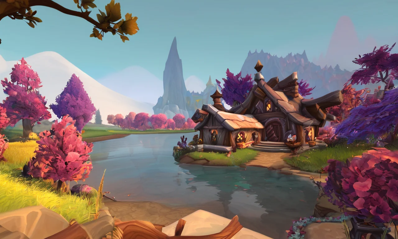 score_9, score_8_up, score_7_up, rating_safe BREAK, world of warcraft, close-up, cozy cabin in the goods, next to a river, warcraftstyle, <lora:WarcraftStyle_v2:0.8>